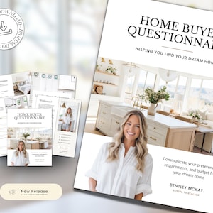 May include: A digital download of a home buyer questionnaire. The questionnaire is designed to help you find your dream home. The cover features a photo of a modern kitchen with a woman standing in front of a white countertop. The text on the cover reads "Home Buyer Questionnaire" and "Helping you find your dream home".