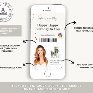May include: A digital birthday card template for a realtor. The card features a Starbucks gift card, a photo of a woman, and the text "Happy Happy Birthday to You". The card is customizable with your own photo, text, and colors.