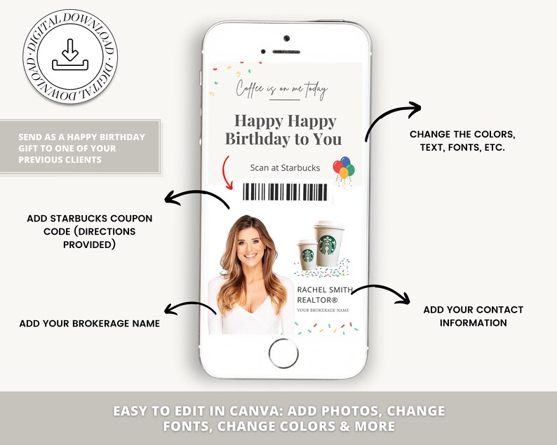 May include: A digital birthday card template for a realtor. The card features a Starbucks gift card, a photo of a woman, and the text "Happy Happy Birthday to You". The card is customizable with your own photo, text, and colors.