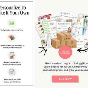 May include: An advertisement with the text "Personalize To Make It Your Own" and "Instant Download". The image shows moving labels, moving day checklists, and cardboard boxes. The text encourages the user to drag in photos, change templates, and adjust fonts.