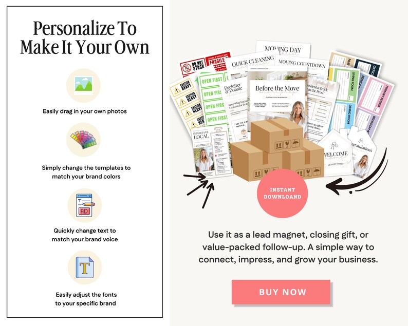 May include: An advertisement with the text "Personalize To Make It Your Own" and "Instant Download". The image shows moving labels, moving day checklists, and cardboard boxes. The text encourages the user to drag in photos, change templates, and adjust fonts.