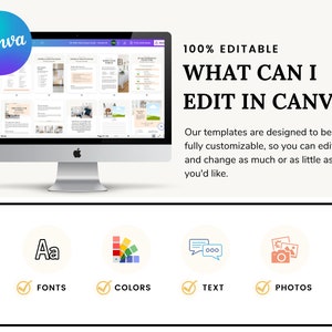 May include: A computer screen displaying a Canva design template with the text "100% Editable What Can I Edit in Canva?"  The text below the title reads "Our templates are designed to be fully customizable, so you can edit and change as much or as little as you'd like."  Four icons are shown below the text: a letter "A" with a checkmark, a color palette with a checkmark, a speech bubble with a checkmark, and a camera with a checkmark. The icons represent the ability to edit fonts, colors, text, and photos in Canva.