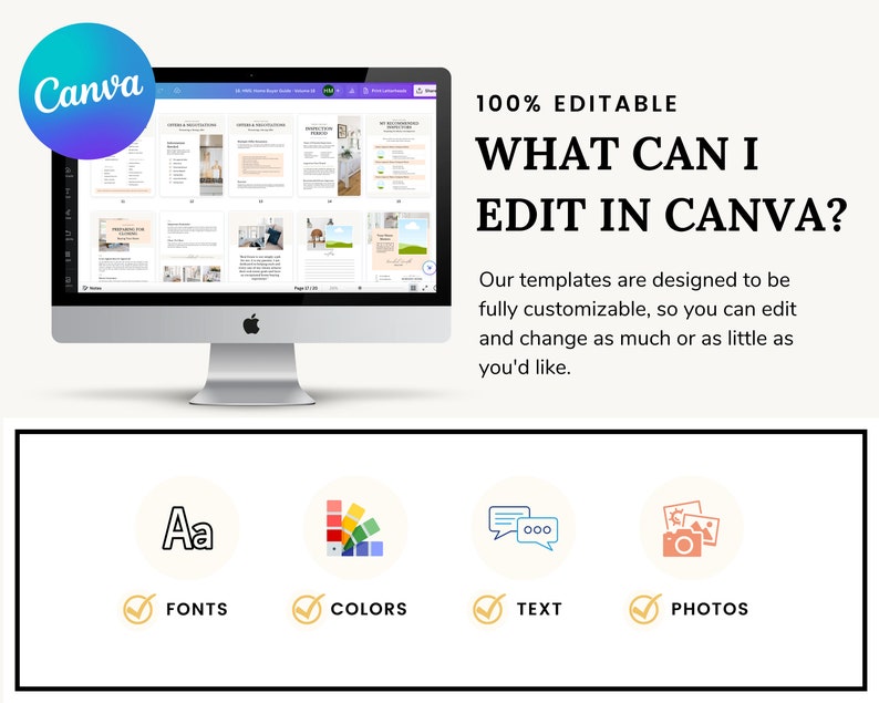 May include: A computer screen displaying a Canva design template with the text "100% Editable What Can I Edit in Canva?"  The text below the title reads "Our templates are designed to be fully customizable, so you can edit and change as much or as little as you'd like."  Four icons are shown below the text: a letter "A" with a checkmark, a color palette with a checkmark, a speech bubble with a checkmark, and a camera with a checkmark. The icons represent the ability to edit fonts, colors, text, and photos in Canva.