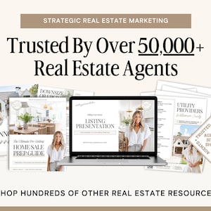 May include: A laptop displaying a listing presentation surrounded by printed real estate marketing materials, including a home sale prep guide and utility provider list, with text stating Trusted By Over 50,000+ Real Estate Agents and Shop Hundreds Of Other Real Estate Resources.