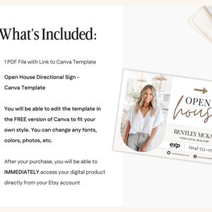 May include: A digital product listing with the text "What's Included:" and bullet points detailing the contents. An "Open House" sign template is shown with a photo of a realtor. The sign includes the realtor's name, contact info, and the EXP Realty logo.