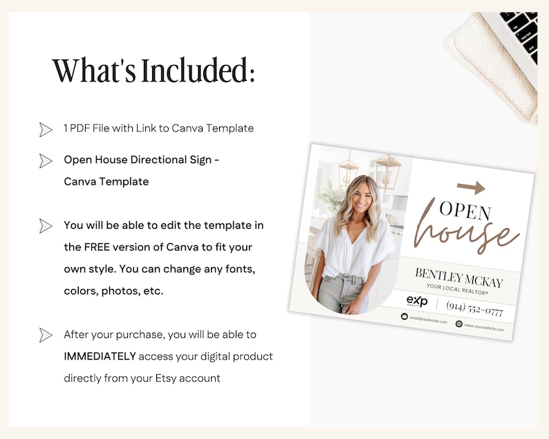 May include: A digital product listing with the text "What's Included:" and bullet points detailing the contents. An "Open House" sign template is shown with a photo of a realtor. The sign includes the realtor's name, contact info, and the EXP Realty logo.