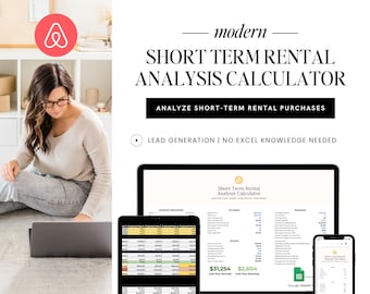 May include: A woman is using a laptop to analyse short-term rental purchases using a spreadsheet. The spreadsheet is titled "Short Term Rental Analysis Calculator" and shows a projected cash flow of £31,254 and £2,604. The image also includes a Google Sheets logo.
