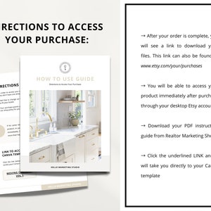 May include: A white and gold kitchen with a white countertop and cabinets. The text "HOW TO USE GUIDE" is on the page. The text "Directions to Access Your Purchase" is also on the page. The text "LINK TO ACCESS CANVA TEMPLATE" is on the page. The text "MOVING CHECKLIST VOL. 1" is on the page. The text "HELLO MARKETING STUDIO" is on the page.