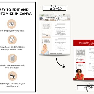 May include: Before and after image showing how to customize an open house sign-in sheet template in Canva. The before image shows a white sign-in sheet with a light blue background. The after image shows a red sign-in sheet with a white background. Both images include the text "Open House Sign-in".
