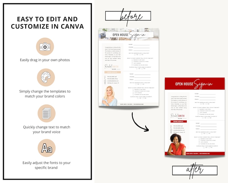 May include: Before and after image showing how to customize an open house sign-in sheet template in Canva. The before image shows a white sign-in sheet with a light blue background. The after image shows a red sign-in sheet with a white background. Both images include the text "Open House Sign-in".