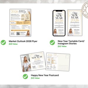 May include: A collection of marketing materials with a gold and white theme. The items include a flyer, a textable card/Instagram story, and a postcard, all featuring the text "2026 Market Outlook" or "Happy New Year 2026". Each item has a photo of a woman.