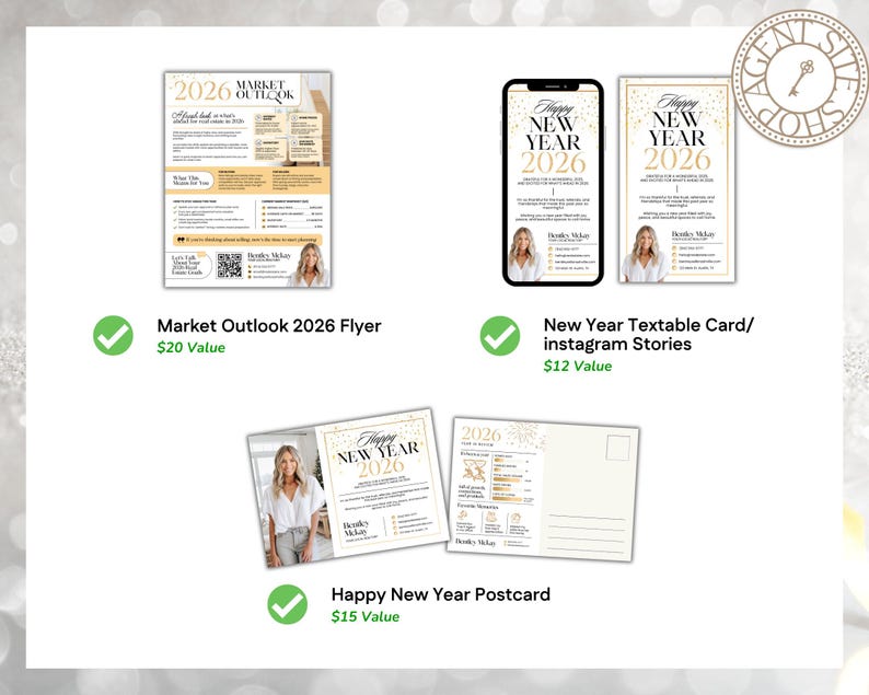 May include: A collection of marketing materials with a gold and white theme. The items include a flyer, a textable card/Instagram story, and a postcard, all featuring the text "2026 Market Outlook" or "Happy New Year 2026". Each item has a photo of a woman.