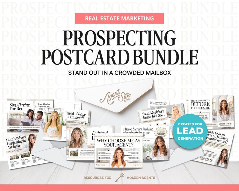 May include: A prospecting postcard bundle for real estate marketing. The image shows a collection of postcards with various designs and text, including "Stop Paying For Rent" and "Why Choose Me As Your Agent?" The postcards are arranged with an envelope.