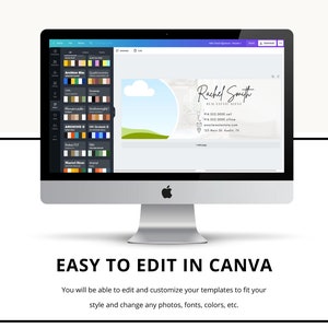May include: A computer screen displaying a Canva design template for a business card. The template features a light gray background with a circle containing a cloud and green grass. The text "Rachel Smith" is written in black cursive font. The business card also includes contact information such as phone number, email address, and website.