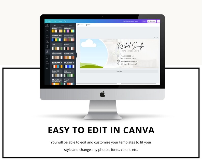 May include: A computer screen displaying a Canva design template for a business card. The template features a light gray background with a circle containing a cloud and green grass. The text "Rachel Smith" is written in black cursive font. The business card also includes contact information such as phone number, email address, and website.