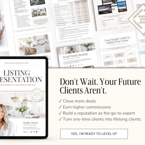 May include: A digital marketing guide for real estate agents titled "Listing Presentation: Your Roadmap to a Successful Home Sale". The guide features a woman with a warm smile and a white background with a blue and white graphic design.