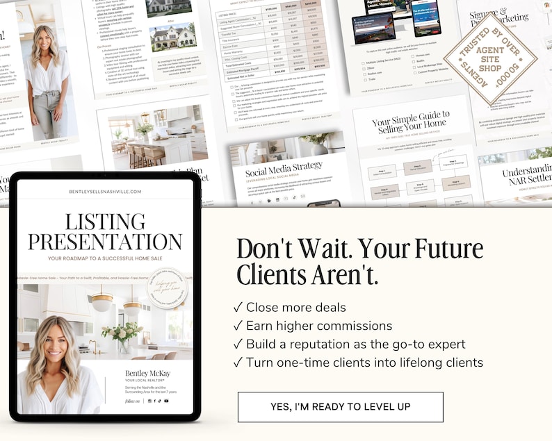 May include: A digital marketing guide for real estate agents titled "Listing Presentation: Your Roadmap to a Successful Home Sale". The guide features a woman with a warm smile and a white background with a blue and white graphic design.