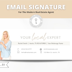 Puede incluir: Diseño de firma de correo electrónico para un agente inmobiliario. El diseño presenta a una mujer sonriente, información de contacto y el texto "Su experto local". El diseño incluye el texto "EMAIL SIGNATURE" y "Para el agente inmobiliario moderno."