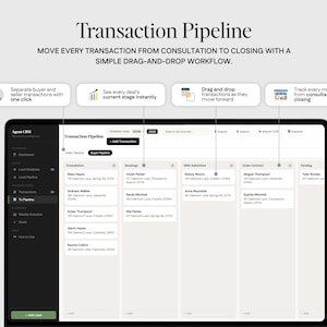 The image is a screenshot of a digital workflow management tool, specifically a transaction pipeline. It shows a user interface with various buttons and options for managing transactions, including a "Transaction Pipeline" feature that allows the user to add and manage transactions. The image also includes a list of features such as "Move every transaction from consultation to closing with a simple drag-and-drop workflow" and "Track every milestone from contract to closing".