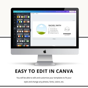 May include: A computer screen displaying a Canva design template for a real estate agent's email signature. The template features a green and blue landscape illustration, the agent's name, contact information, and a logo. The text "EASY TO EDIT IN CANVA" is displayed below the image.