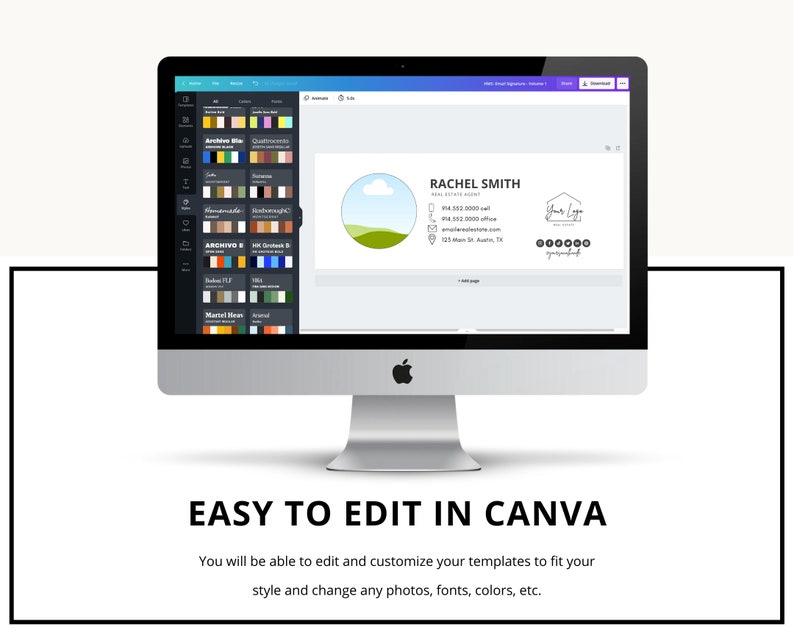 May include: A computer screen displaying a Canva design template for a real estate agent's email signature. The template features a green and blue landscape illustration, the agent's name, contact information, and a logo. The text "EASY TO EDIT IN CANVA" is displayed below the image.