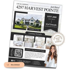 以下が含まれることがあります： 4ベッドルームと3バスルームの家の不動産広告チラシ。価格は557,000ドル。住所は4297 Harvest Pointe、Franklin、TN 37164。チラシには家の写真、バーチャルツアーのQRコード、不動産業者Cassie Heckmanの連絡先が記載されています。