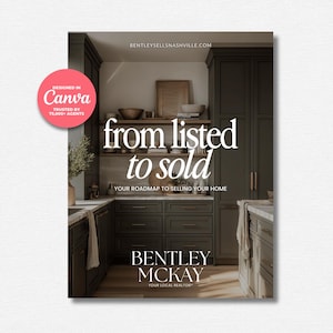 May include: A rectangular marketing flyer featuring a kitchen interior with dark green cabinets and white countertops. The text reads: BENTLEYSELLSNASHVILLE.COM, from listed to sold, YOUR ROADMAP TO SELLING YOUR HOME, BENTLEY MCKAY, YOUR LOCAL REALTOR.