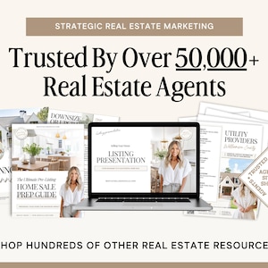 May include: An advertisement for real estate marketing resources. The image features a laptop displaying a listing presentation, surrounded by printed guides and the text "Trusted By Over 50,000+ Real Estate Agents."