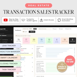 May include: A digital real estate transaction sales tracker dashboard on a screen. Features include lead tracking, transaction management, a smart calendar, closing tracker, and task tracker. Text includes Real Estate Transaction Sales Tracker.