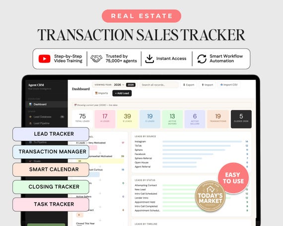 Real Estate CRM System | Transaction Tracker Lead Pipeline | Sales Dashboard | Realtor Goal Tracker Business Tool | Transaction Coordinator