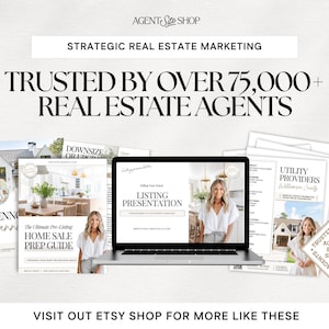 The image is an advertisement for a real estate marketing service, featuring a laptop displaying a presentation, brochures, and other materials related to real estate marketing.