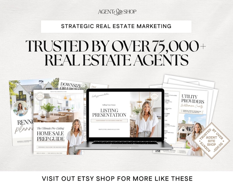 The image is an advertisement for a real estate marketing service, featuring a laptop displaying a presentation, brochures, and other materials related to real estate marketing.