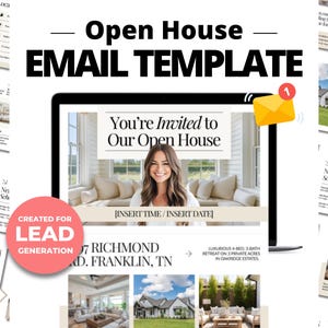 Op de afbeelding: Een digitale e-mailsjabloon voor een open huis, met de tekst "Open House EMAIL TEMPLATE". Het ontwerp bevat een lachende vrouw, een uitnodigingsbericht en vastgoedinformatie. Extra pagina's tonen vastgoedkenmerken.