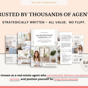 May include: Four real estate listing flyers with photos of homes and a headshot of a real estate agent. The text on the flyers reads "Trusted by Thousands of Agents" and "Strategically Written - All Value. No Fluff."