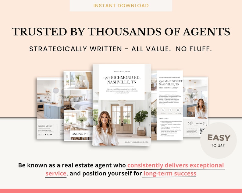 May include: Four real estate listing flyers with photos of homes and a headshot of a real estate agent. The text on the flyers reads "Trusted by Thousands of Agents" and "Strategically Written - All Value. No Fluff."
