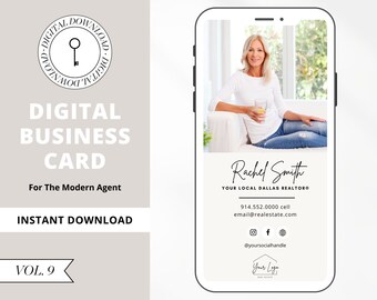 May include: A digital business card template for real estate agents. The template features a photo of a woman sitting on a couch, a white background, and the text "Rachel Smith, Your Local Dallas Realtor". The card also includes contact information, social media icons, and a place for a logo.