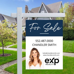 Real Estate Yard Sign For Sale Yard Sign Customizable For Sale Signage Real Estate Marketing Canva Template Modern Sold Sign BLUE image 1