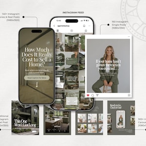 The image is a collage of various images related to real estate, including a smartphone displaying a social media feed, a real estate agent's Instagram post, and a collage of real estate images.