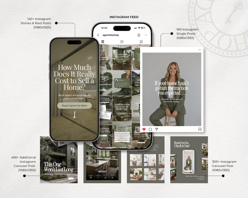 The image is a collage of various images related to real estate, including a smartphone displaying a social media feed, a real estate agent's Instagram post, and a collage of real estate images.