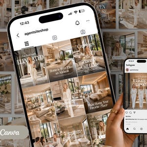 Pode incluir: Um smartphone exibindo uma grade de perfil do Instagram para agentsiteshop, com várias postagens de fotografia de interiores e sobreposições de texto. Um segundo smartphone segurado na mão mostra uma postagem com três pessoas em ternos brancos.