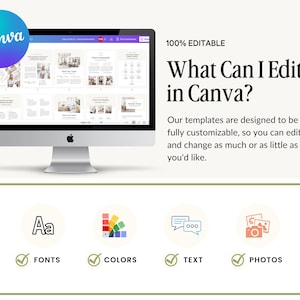 May include: A silver iMac computer displays a Canva template with multiple design layouts. The screen shows the text "What Can I Edit in Canva?" and icons for fonts, colors, text, and photos. A Canva logo is in the upper left corner.