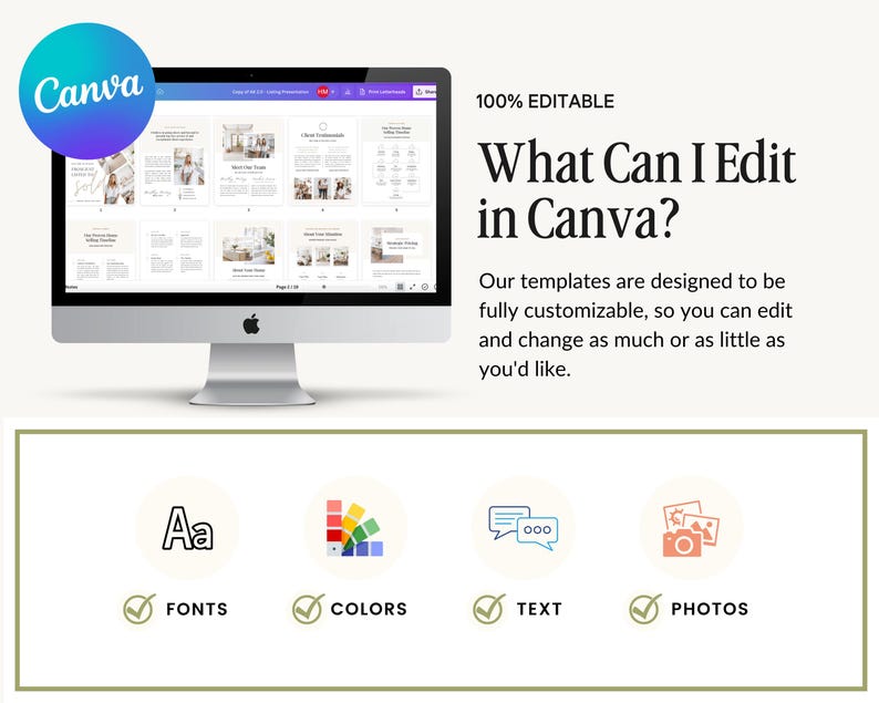 May include: A silver iMac computer displays a Canva template with multiple design layouts. The screen shows the text "What Can I Edit in Canva?" and icons for fonts, colors, text, and photos. A Canva logo is in the upper left corner.