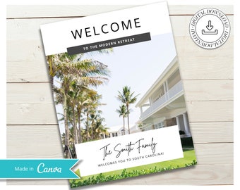Peut inclure: Une pancarte de bienvenue avec une photo d'une maison blanche avec des palmiers devant. Le texte sur la pancarte indique "Bienvenue à la retraite moderne La famille Smith vous souhaite la bienvenue en Caroline du Sud !"