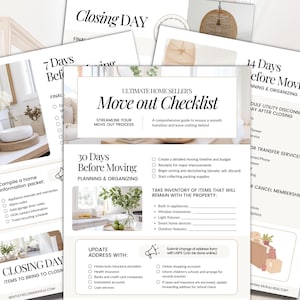 May include: A checklist for home sellers to help them prepare for moving. The checklist includes tasks to complete 30 days, 14 days, and 7 days before moving. The checklist also includes a section for updating addresses with various service providers.