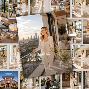Pode incluir: Uma colagem de publicações nas redes sociais com uma pessoa de blazer e calças creme num terraço com vista para a cidade ao pôr do sol, incluindo textos como A New Address, A New Era e Creating a Place to Call Home.