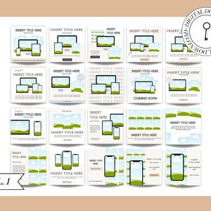 May include: A set of 20 social media templates featuring a variety of designs with a nature theme. The templates include images of a desktop computer, a tablet, and a smartphone. The text "Insert Title Here" appears on each template.