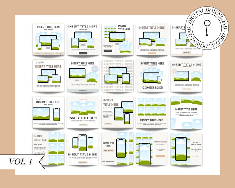 May include: A set of 20 social media templates featuring a variety of designs with a nature theme. The templates include images of a desktop computer, a tablet, and a smartphone. The text "Insert Title Here" appears on each template.