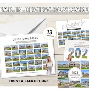 Cartes postales du Nouvel An immobilier | Bilan de l'année Maisons vendues Enveloppes de cartes postales | Canva de marketing immobilier | Immobilier agricole 2023 2024