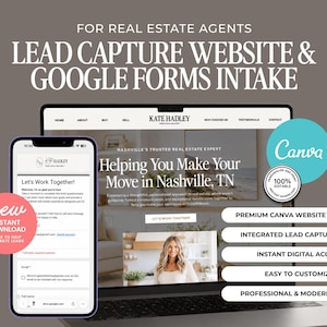May include: A digital template set for real estate agents featuring a lead capture website and Google Forms intake. The display shows a laptop and smartphone interface with the text Kate Hadley, Nashville's Trusted Real Estate Expert.