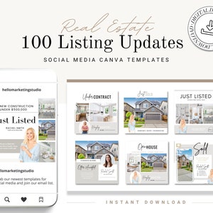 100 Social Media Listing-Posts für Social Media-Immobilien-Immobilienmarketing | Instagram Stories | Facebook Beiträge | Open House, Just Listed Canva